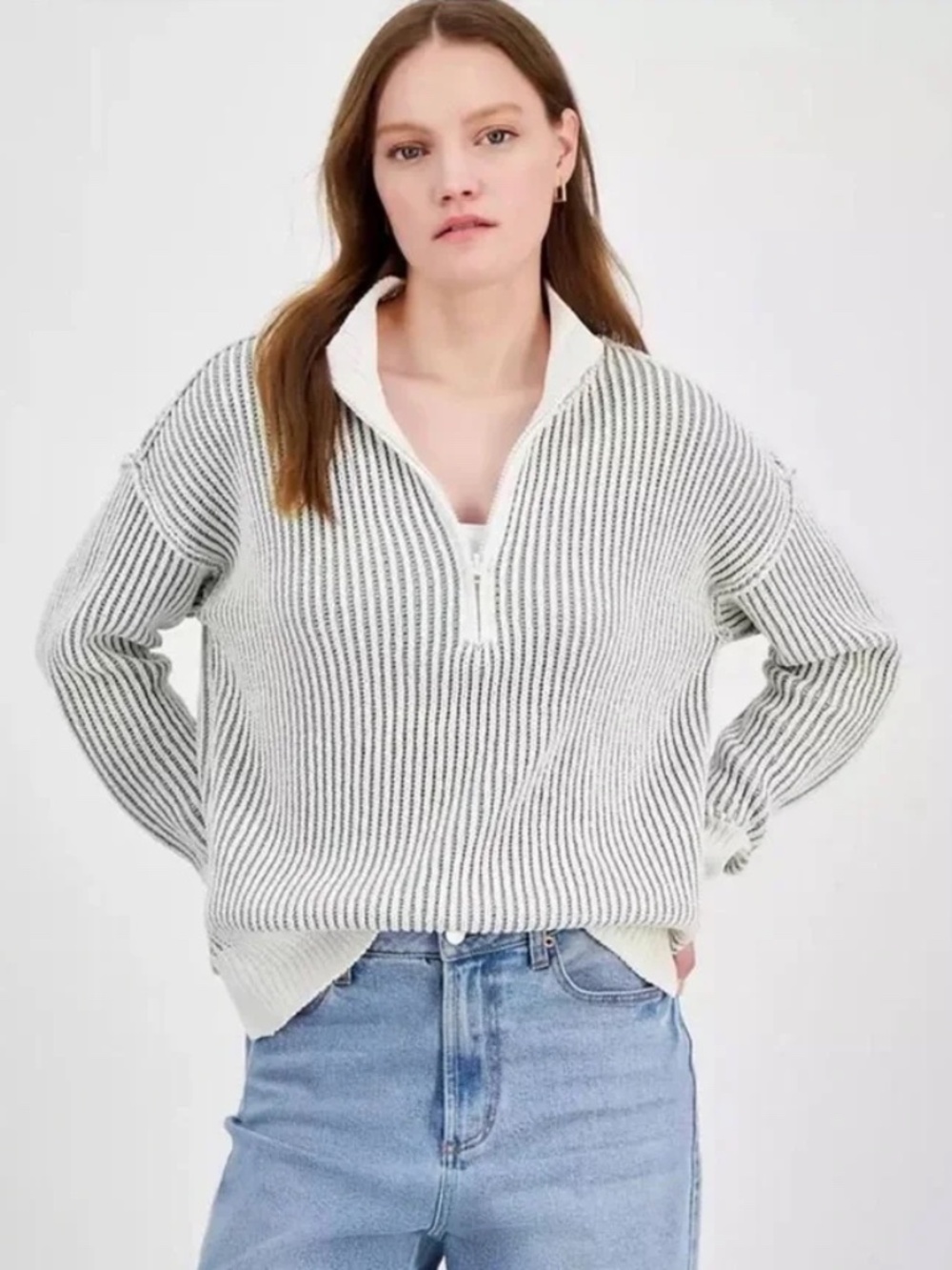 ULTRA FLIRT White and Gray Striped Ribbed Pullover Half Zip Sweater Size L
